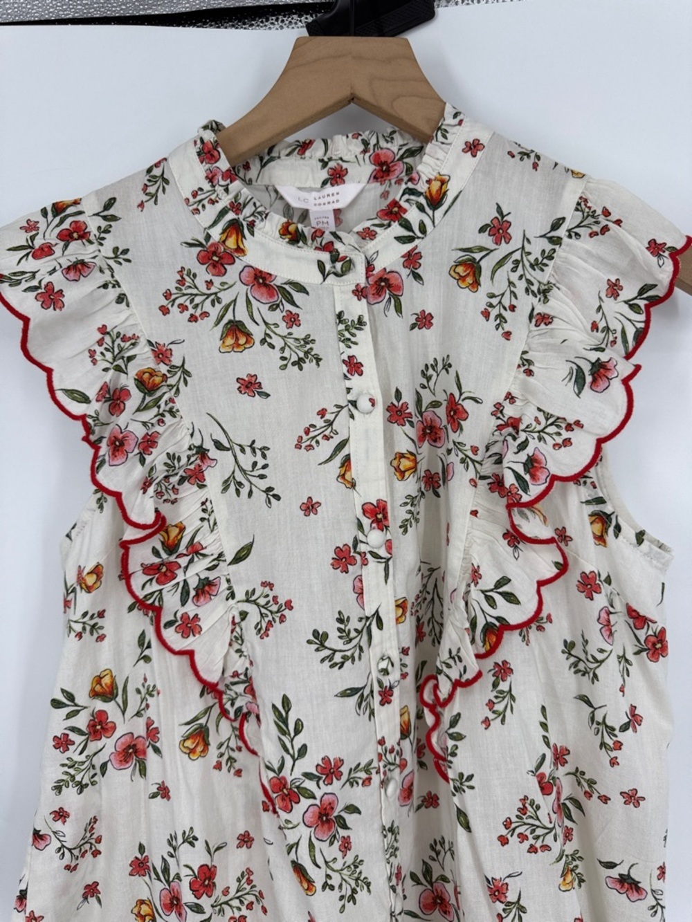 LC Lauren Conrad Floral Ruffle Sleeveless Blouse - White with Red Floral Trim - Picture 3 of 7